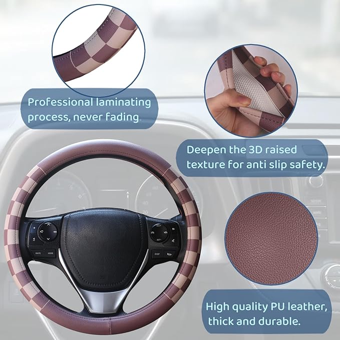 Women Checkered Steering Wheel Cover,Breathable Non-Slip PU Leather Universal 15 Inch Steering Wheel Protector,Fashion Checke