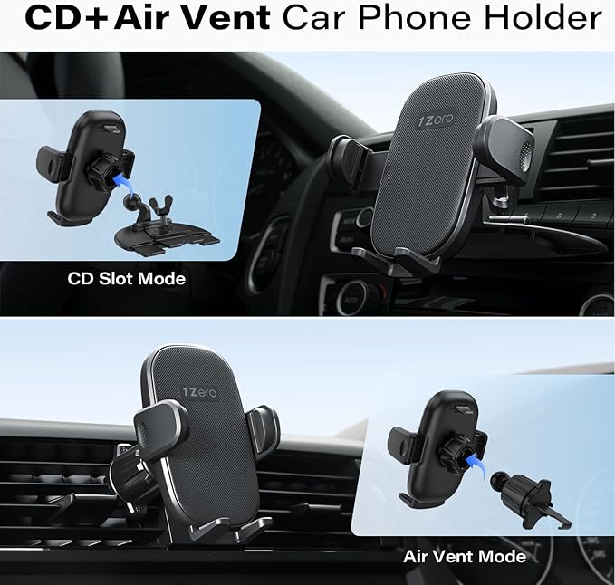 1Zero Easy One-Button Release CD Phone Holder for Car, Universal Air Vent & CD Slot Phone Mount, Thick Cases Friendly Cell Phone Holder for iPhone, Google, Samsung, Moto & Other Smartphones (Clamp)