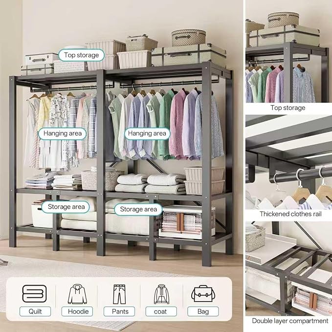Foldable Portable Wardrobe Closet with Magnetic Doors & Cover, Heavy Duty Covered Clothes Rack with Hanging Clothing Rod, Met