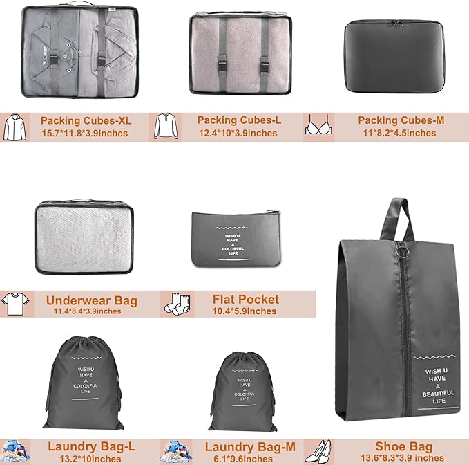 8 Set Packing Cubes for Suitcase, Packing Cubes for Carry on Suitcases, Luggage Organizer for Travel Essentials, Large Mesh L