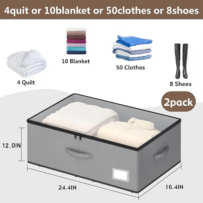 Under Bed Storage with Wheels, No Assemble Required 12 inches height Under Bed Storage bins,Large capacity Rolling Underbed S