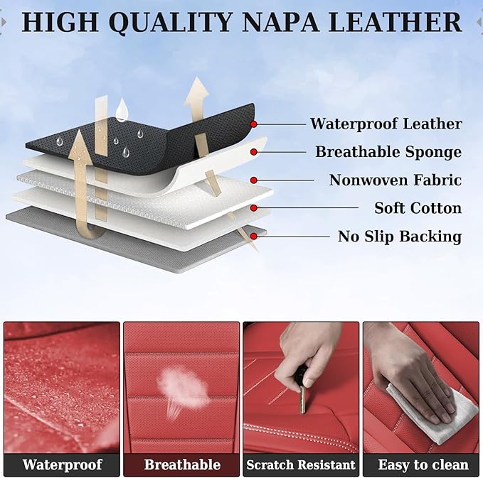 Coverado Car Seat Covers Full Set, Nappa Leather Seat Covers for Cars, Car Seat Protector Car Seat Cushion, Front and Back Se