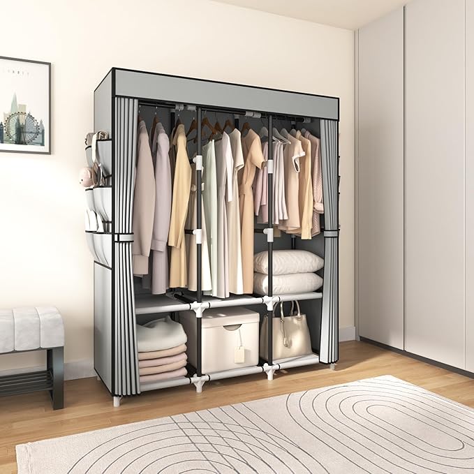 VTRIN Portable Closet Wardrobe for Hanging Clothes Closet with Cover, 3 Hanging rods, 6 Storage Shelves and Side Pocket, Diam