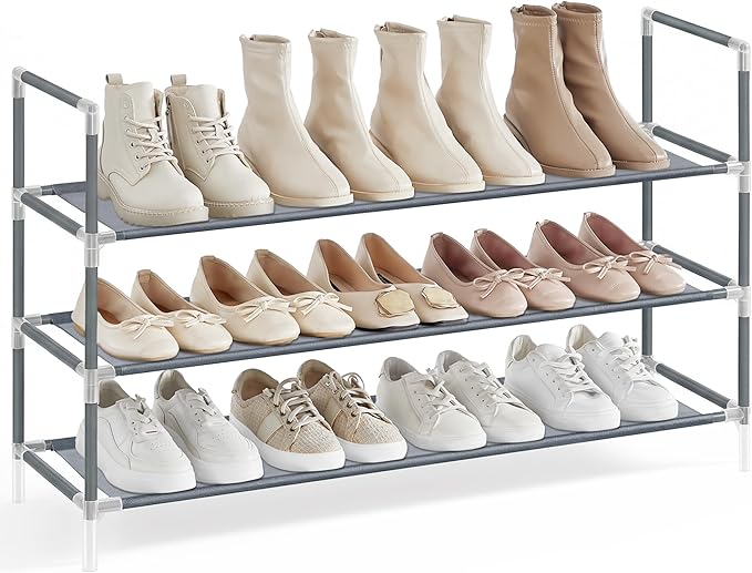 SONGMICS 3-Tier Shoe Rack, Shoe Storage for Hallway Closet, Slim and Space-Saving, Metal Frame, Non-Woven Fabric Shelves, Gre