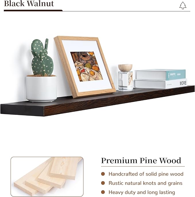 Marsmiles Wood Floating Shelves | 48 Inch Dark Wood Wall Shelves Set of 1 | 48" W x 6.7" D Rustic Wooden Shelves for Bathroom