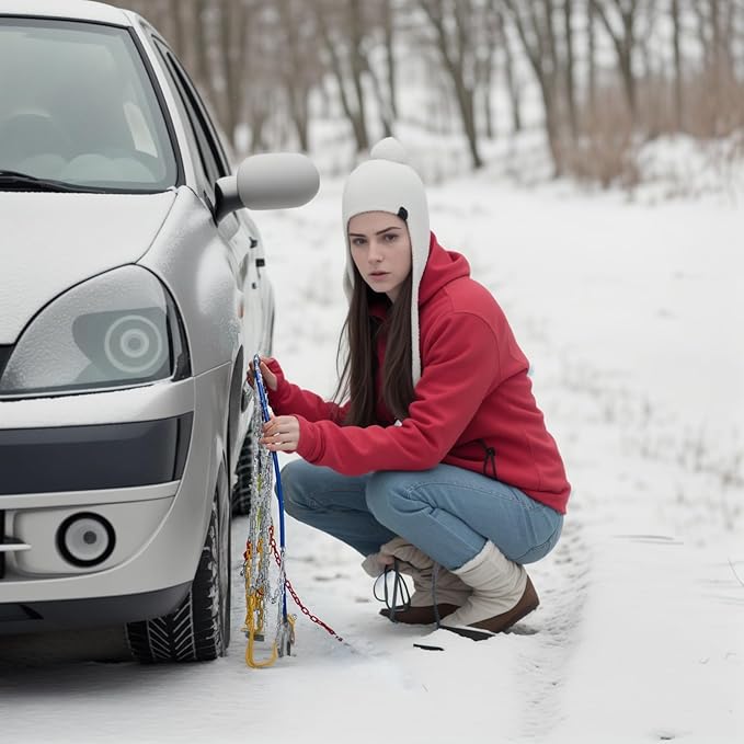 Portable Snow Tire Chains, Semi-Automatic Tighten Snow Traction Chains, Easy Install Emergency Tire Chains for Passenger Cars