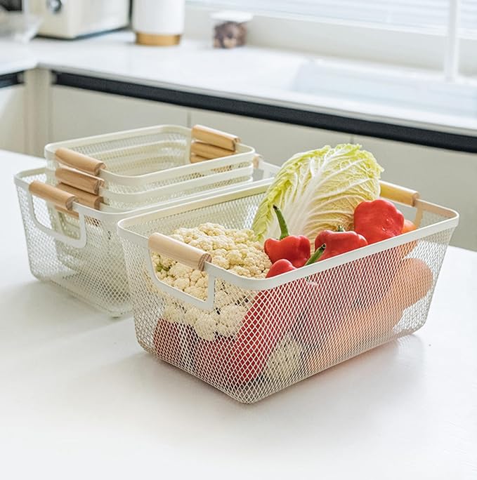 AJIODA Metal Mesh Steel Basket, Medium Wire Storage Organizer Basket Multi-function Hanging Kitchen Basket with Wood Handle f