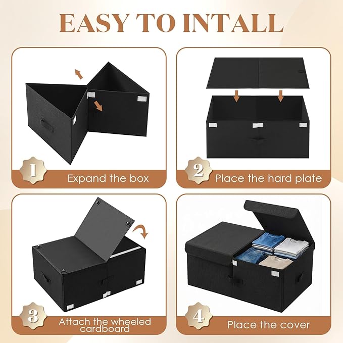 Geelin 4 Pcs Under Bed Storage with Wheels 10" High Underbed Containers with Lids Large Rolling Under Bed Organizer with Hand