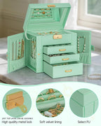 AKOZLIN 4-Tier Jewelry Box Leather Jewelry Storage Organizer with 3 Drawers Lockable for Women Girls Ring Necklace Earring Br