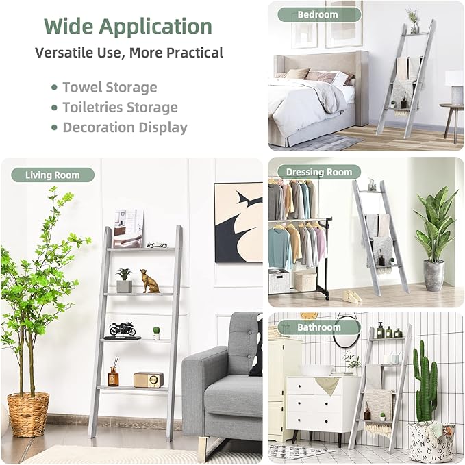Tangkula 4-Tier Wooden Blanket Ladder, 4.5 ft Farmhouse Storage Rack, Wall Leaning Ladder Shelf Stand, Decorative Blanket She
