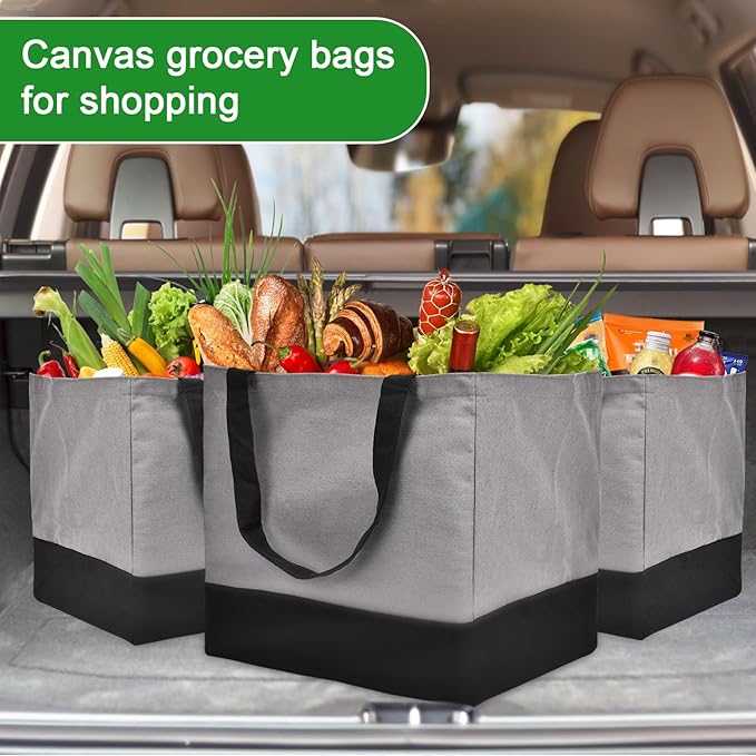 3 Pack Canvas Reusable Grocery Bags Heavy Duty, 8.3 gal Foldable Large Tote Bag with Handles, Holds 60 lbs Canvas Shopping Bags & Washable Eco-friendly Bags with 5 Pockets, Grey+Black