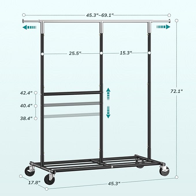 Raybee Clothes Rack Heavy Duty 450LBS, Clothing Racks for Hanging Clothes 200+, Metal Clothing Rack with Wheels, Rolling Comm