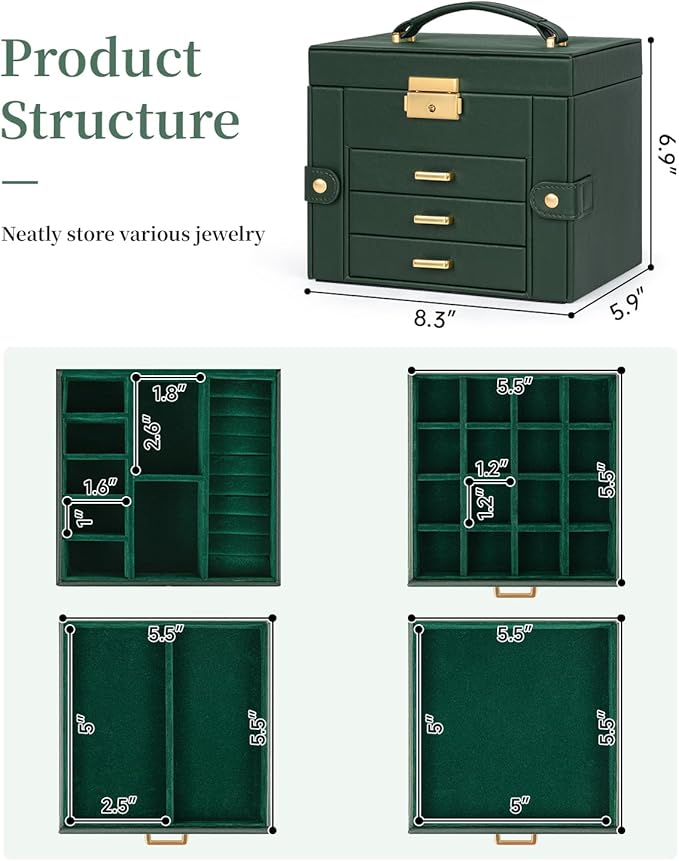 TORIBIO Jewelry Box for Women, Leather Jewelry Organizer with Mirror & Lock, 4-Tier Jewelry Storage Organizer with 3 Drawers 