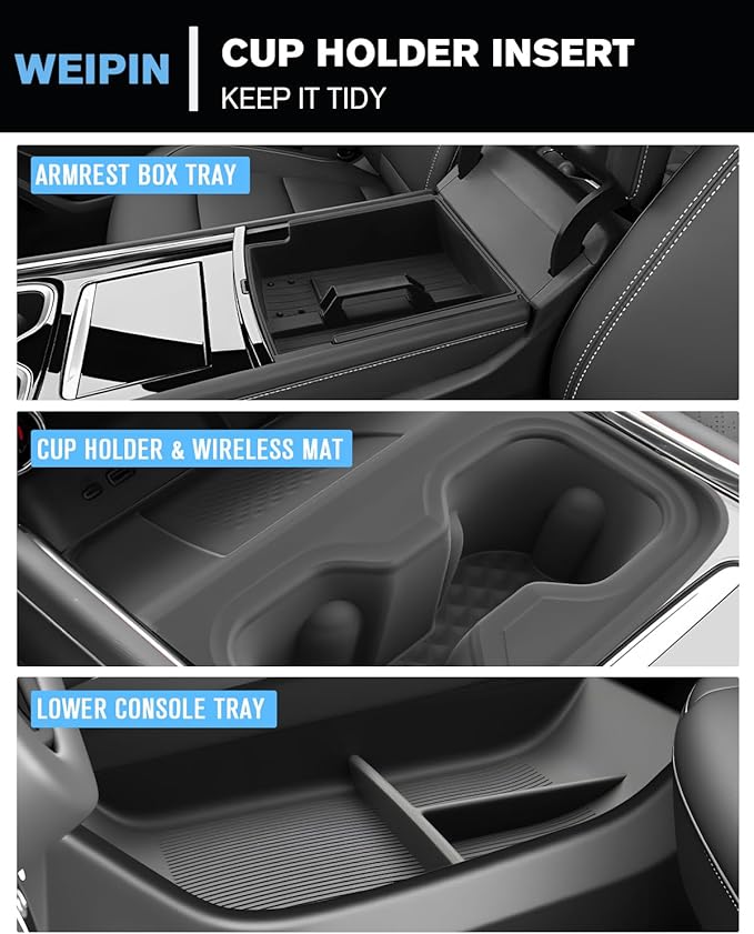 for 4PCS Double Layer Center Console Armrest Organizer&Cup Holder Insert&Wireless Mat Compatible with 2024-2026 Chevy Traverse