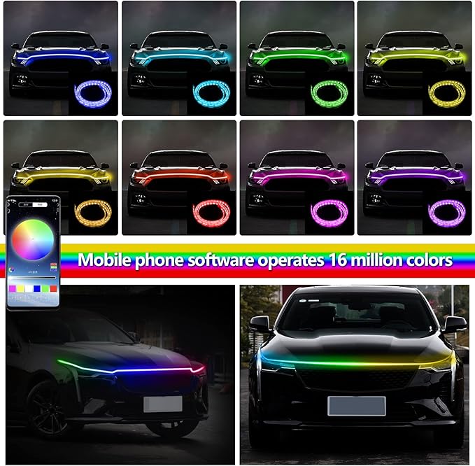 Ultra Thin LED Hood Light Strip, RGB Illusory Color Beam Kit, Multicolor Flexible LED Daytime Running Strip Lights for Cars, Trucks, Pickups, SUVs, etc (70in)