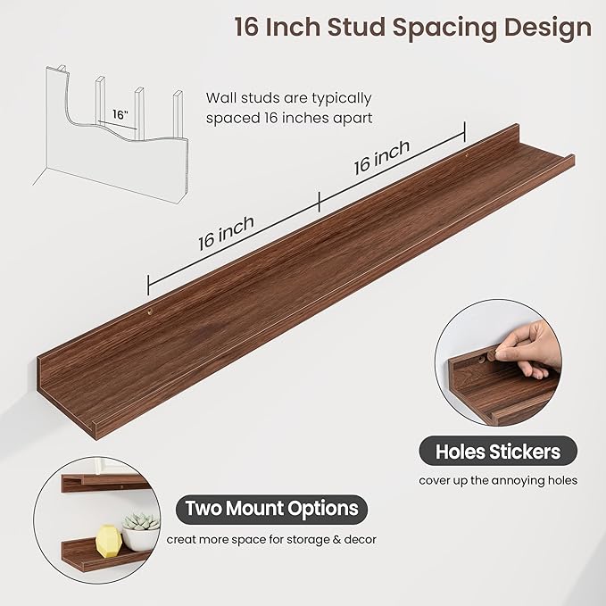 Axeman 48 Inch Floating Shelves | Walnut Picture Ledge Shelf Set of 3 | Rustic Wood Wall Shelves with Lip | 48" Walnut Pictur