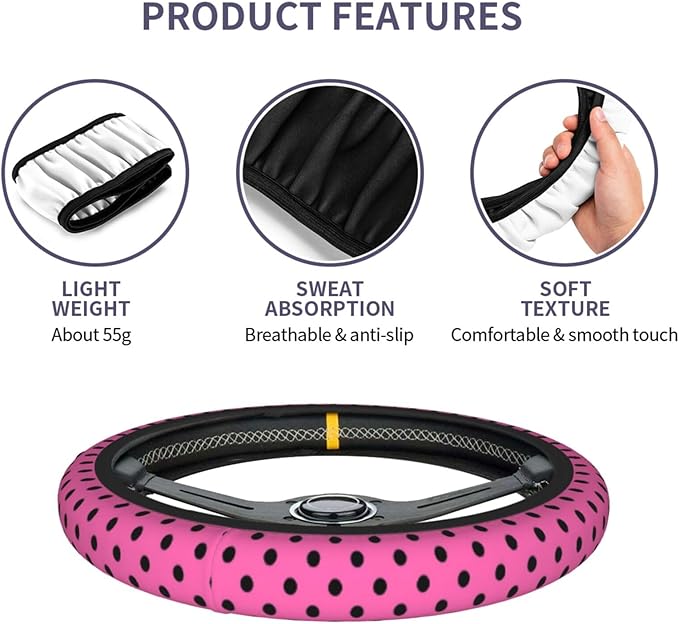 Pink Black Bow Steering Wheel Cover,Cute Classic Universal Fit 14-15 inch Steering Wheel Cover for Women Men, Automotive Inte