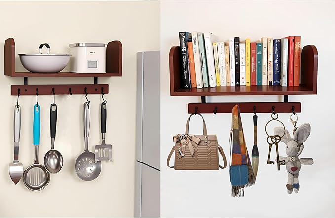 Selling at a Loss Promotion,Wooden Shelf with Hooks - Multipurpose Organizer for Kitchen, Books, Kitchen Shelf - Wall Mounted