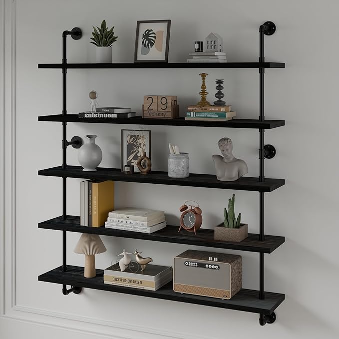 Floating Shelves for Wall Bookshelf Industrial Pipe Shelving Shelves 48 Inch 5 Tier Natural Wood Planks Rustic Wall Shelves H