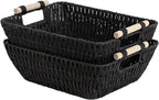 StorageWorks Large Wicker Storage Basket for Organizing with Wooden Handles, Toilet Paper Baskets for Shelf, Black, 2-Pack