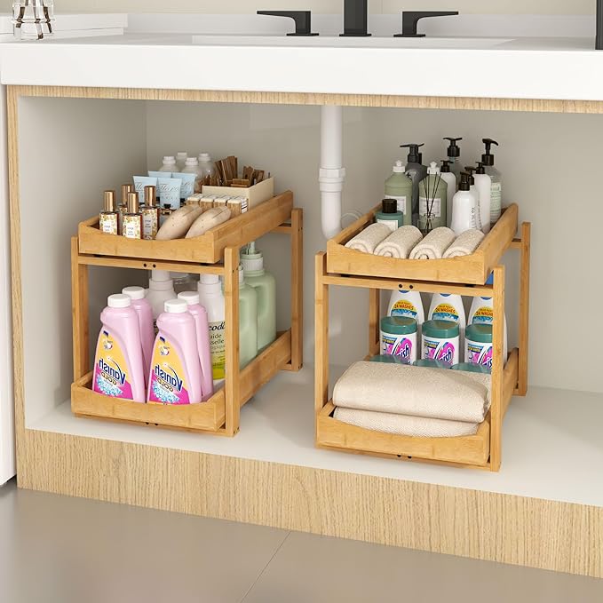 Bamboo Under Sink Organizer and Storage, 2 Pack Pull Out Cabinet Organization, 2 Tier Vertical Slide Out Undersink Storage Sh