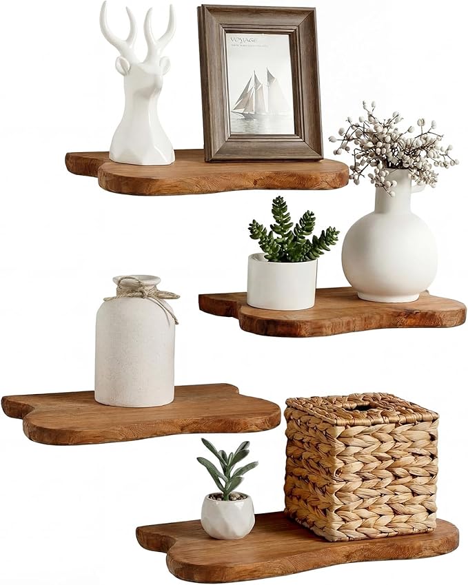 Pinkunn 4 Pcs Floating Shelves for Wall Wooden Live Edge Shelf Wall-Mounted Natural Solid Wood Bedroom Kitchen Storage Living