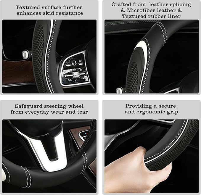 Leather Splicing Black White Car Steering Wheel Cover,14.5-15 Inch Universal Microfiber Leather Covers Breathable Anti-Slip O