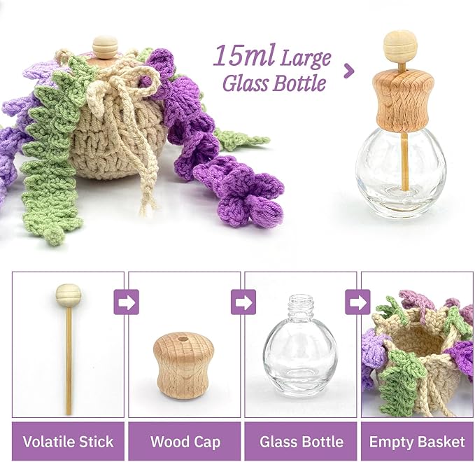 Crochet Car Air Freshener, 15ml Empty Refillable Oil Diffuser Bottle with Crochet Violet Hanging Plant for Car Rearview Mirro