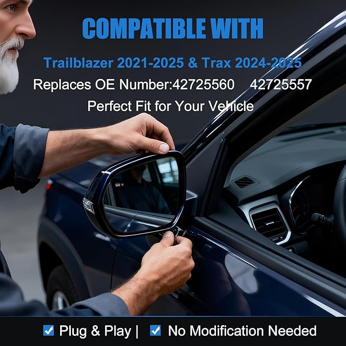 Driver Side Mirror Glass Replacement Compatible with 2021-2025 Chevy Trailblazer & 2024-2025 Trax, Left Side Mirror with Heated and Blind Spot Detection