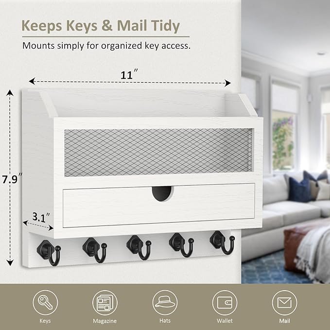 Nekon Key and Mail Holder for Wall, Key Organizer with 5 Hooks & Storage Drawer, 11" W x 7.9" H x 3.1" D Wooden Key Rack for 