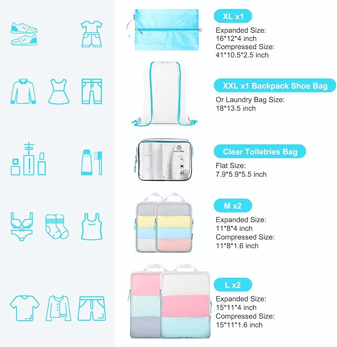 PFEYRPK Lightweight Compression Packing Cubes for Suitcases, Compressible Expandable Travel Packing Organizer with Clear Toil