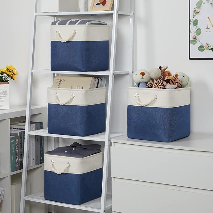 Temary Fabric Storage Cubes 11x11 Cube Storage Bins 4Pack Blue Basket for Organizing Home, Closet, Empty Gift Baskets with Ha