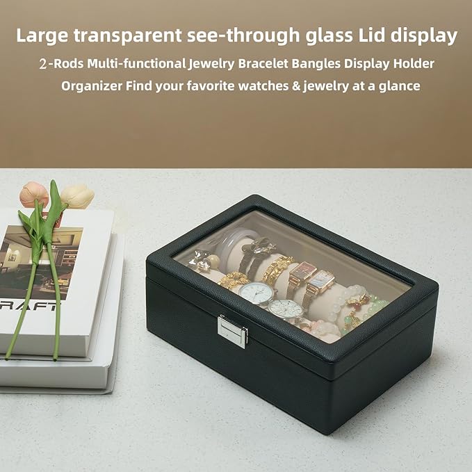 Bracelets Organizer Rods Bangles Display Holder, Clear See through Lid Leather Velvet Jewelry Storage Box Case for Women, 2 R