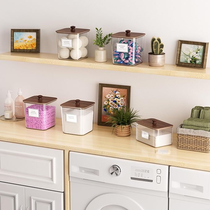 Laundry Pods Storage Container, Clear Laundry Room Organization and Storage,Detergent Powder Container,with Wooden Lids & Lab