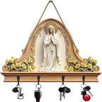 2D Flat Virgin Mary Praying Wall Art Keychain Holder, Rustic Wooden Key Rack with 4 Metal Hooks, Farmhouse Religious Decor fo