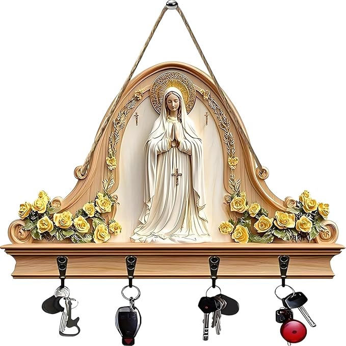 2D Flat Virgin Mary Praying Wall Art Keychain Holder, Rustic Wooden Key Rack with 4 Metal Hooks, Farmhouse Religious Decor fo
