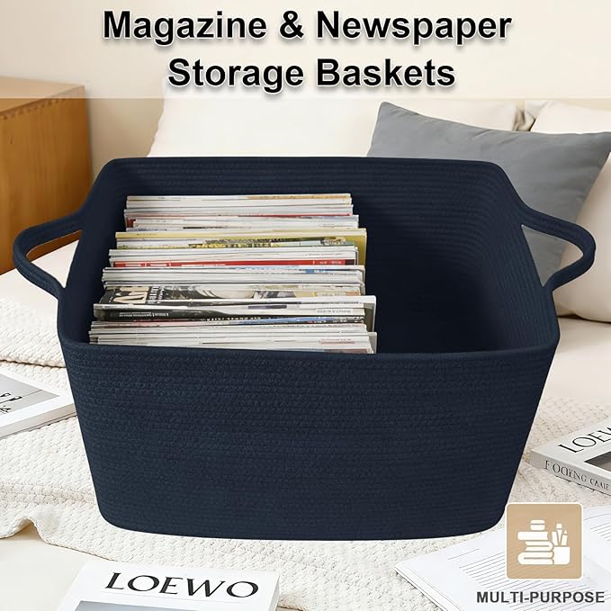 96L Large Blanket Basket,24"x16"x15"Rectangle Storage Bin with Handles,Woven Rope Laundry Basket for Toys, Clothes,Magazines,