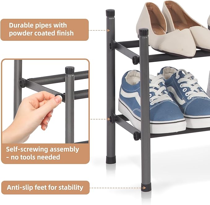 STORAGE MANIAC Expandable Shoe Rack, 8 Pairs Stackable Small Shoe Rack, Metal Adjustable Shoes Organizer for Closet, Entryway