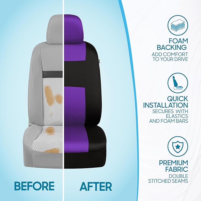 BDK PolyPro Car Seat Covers Full Set in Purple on Black – Front and Rear Split Bench Seat Covers for Cars, Easy to Install Ca