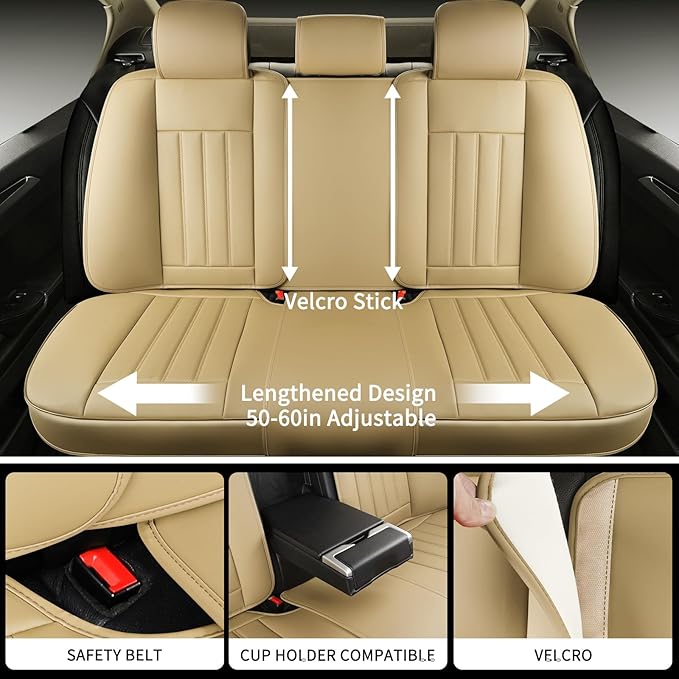 Beige Leather Seat Covers, 5 Seats Universal Car Seat Covers Full Set, Waterproof Automotive Seat Covers Breathable Front and