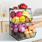 Wawocs 2 Tier Stackable Wall Mounted Hanging Basket, Fruit Basket for Kitchen Counter, Storage Bin with Wood Lid, Onion Stora