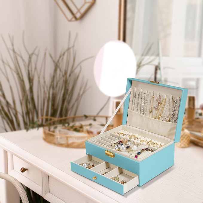 2-Layer Jewelry Box for Women, Jewelry Organizers and Storage with Removable Jewelry Tray, Vintage Quilted Top Lockable Jewel