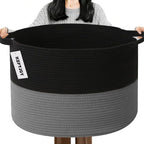 65L Large Woven Cotton Rope Blanket Basket with Handles, Laundry Hamper Storage Bin for Pillows, Comforters,Clothes, Toys, Nu