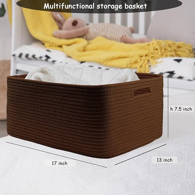 COMFY-HOMI 3 pcs Large Storage Baskets for Shelves, Laundry Basket, Woven Rope Basket, Closet Organizer Bins for Clothes Blan