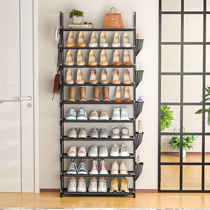 LUKYTOWER Tall Shoe Rack - 10 Tier Shoe Organizer with Metal Shelf, 5 Hooks, Pocket & Sturdy Stand for Closet Shoes