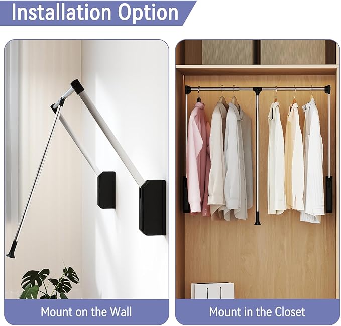 tonchean Pull Down Closet Rod Stainless Steel 32.6-45.3Inch Adjustable Wardrobe Lift Rail Rod Back Mounted Closet Pole for Wa