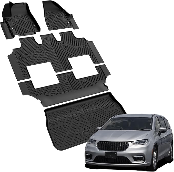 LASFIT Floor Mats&Trunk Mat Fit for 2017-2026 Chrysler Pacifica Hybrid 7-Seater（Not fit STO-n-Go Seating）, All Weather TPE Rubber Cargo Mat Automotive Floor Liners for Pacifica 2025 Accessories