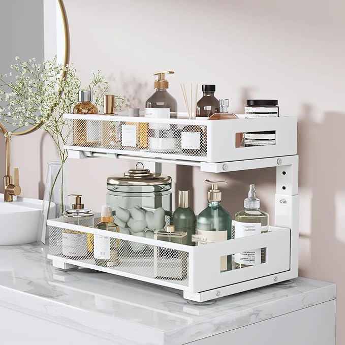 1 Pack 17IN Depth Under Sink Organizer, 2-Tier Pull Out Cabinet Organizer With Smooth Circular Rail, Large Capacity Metal Mes