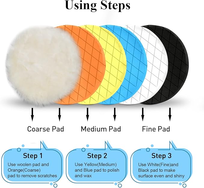 Autolock 7" Buffing Polishing Pads, 6 Pcs 7 Inch 180mm Face for 6.7 Inch Backing Plate, Compound Buffing Sponge and Woolen Pads, Cutting Polishing Pad Kit for Car Buffer Compounding, Polish and Wax