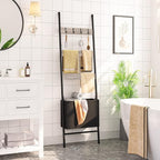 HOOBRO Blanket Ladder with Basket, 17.3”L x 63.4”H, Towel Rack with Hooks, Blanket Holder Rack, Decorative Ladder Shelf, Dryi